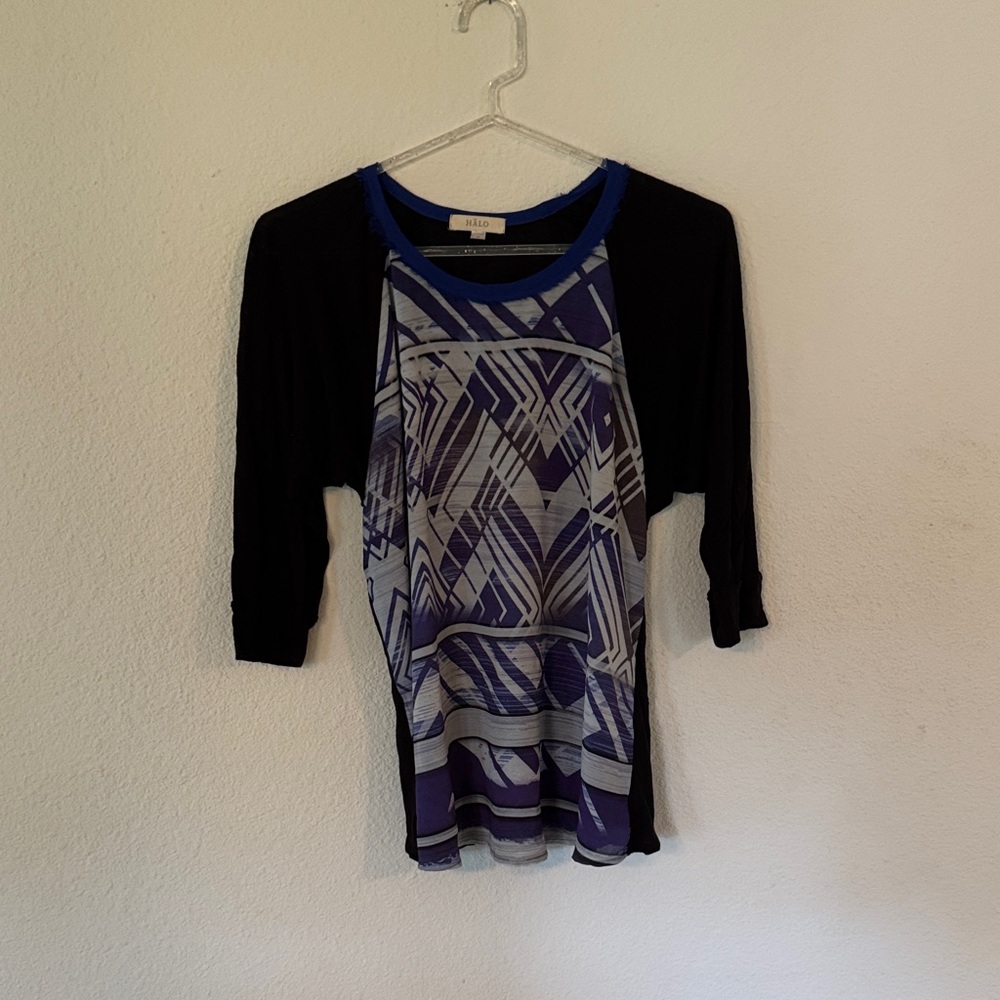 Halo Black and Blue Patterned Long Sleeve Top